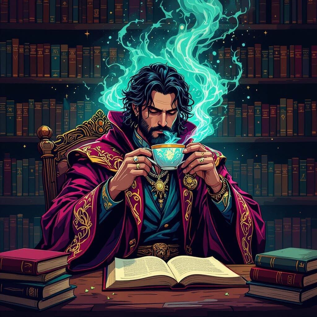 Mystical Tea Time: A Digital Art Library Scene