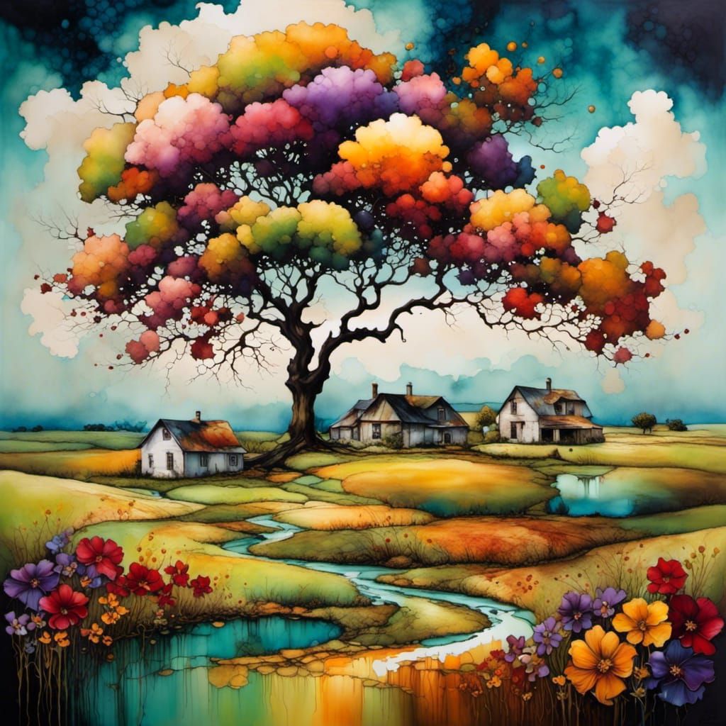 Surreal Countryside Landscape as Airbrushed Painting