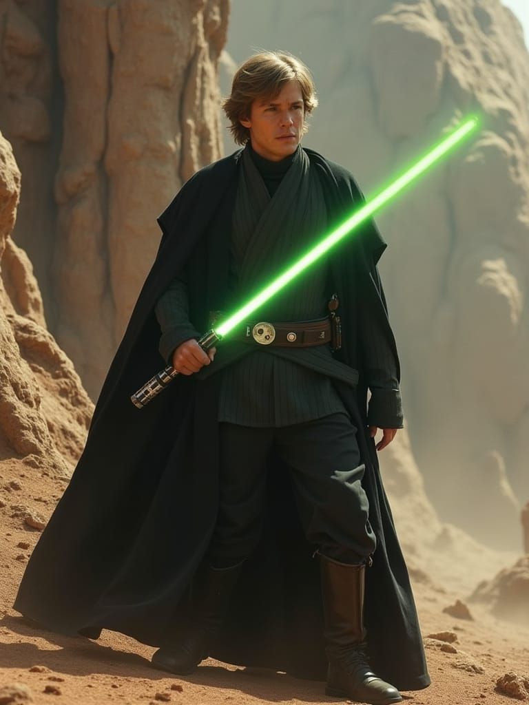 Luke Skywalker in Jedi Attire Wields Green Lightsaber on Ali...