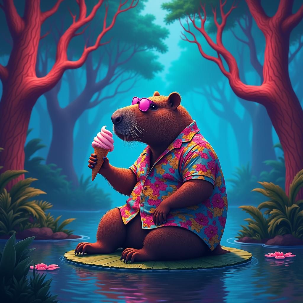 Muscular Capybara in a Dreamlike Neon Forest