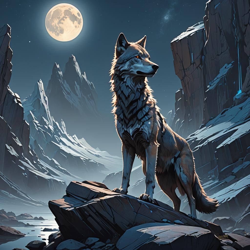Wolf on Rock in Lunar Landscape, Syd Mead Style