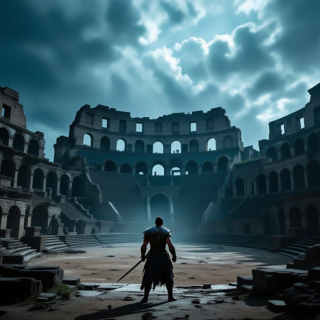 Lone Gladiator in Crumbling Coliseum