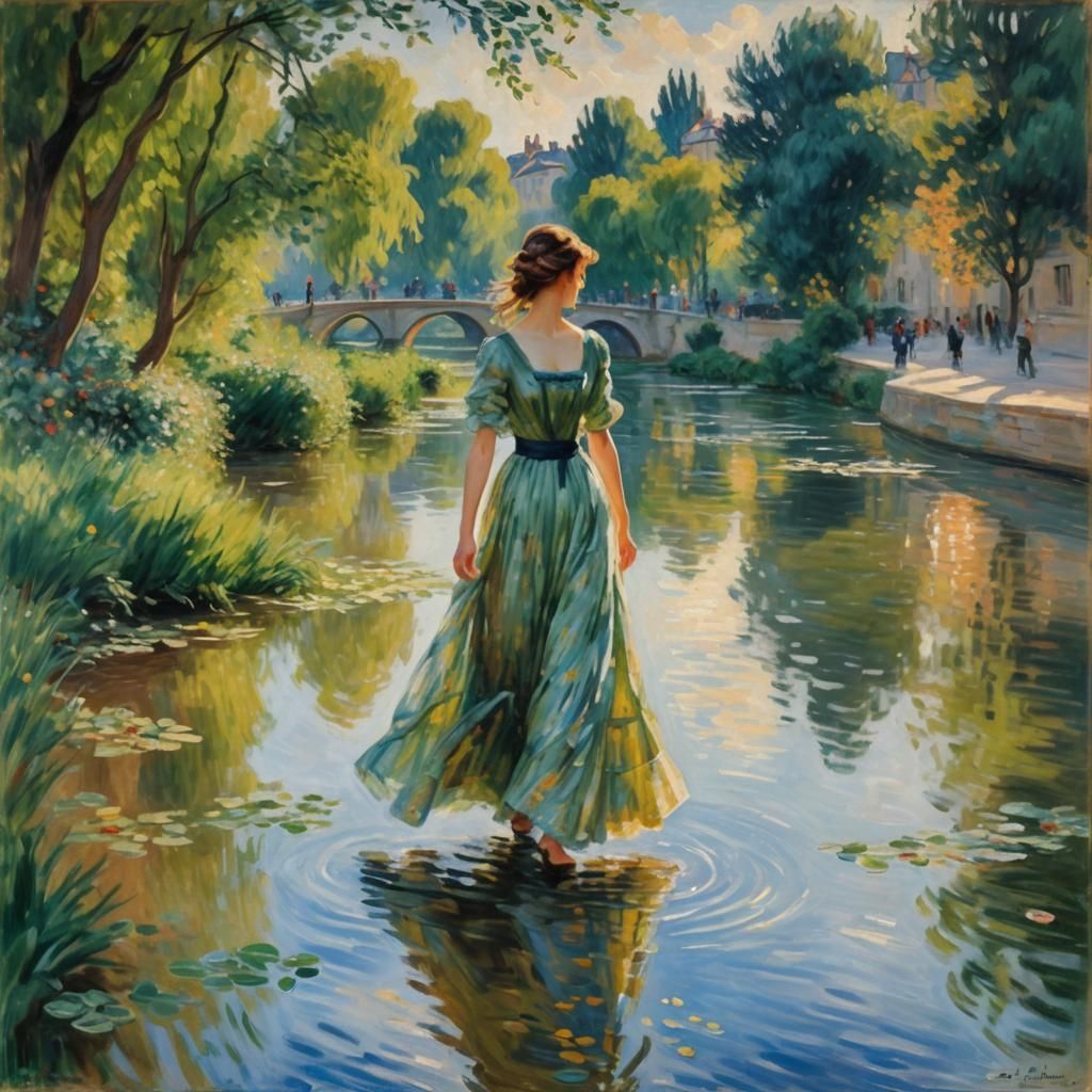 Impressionist Woman Walking Along Seine River