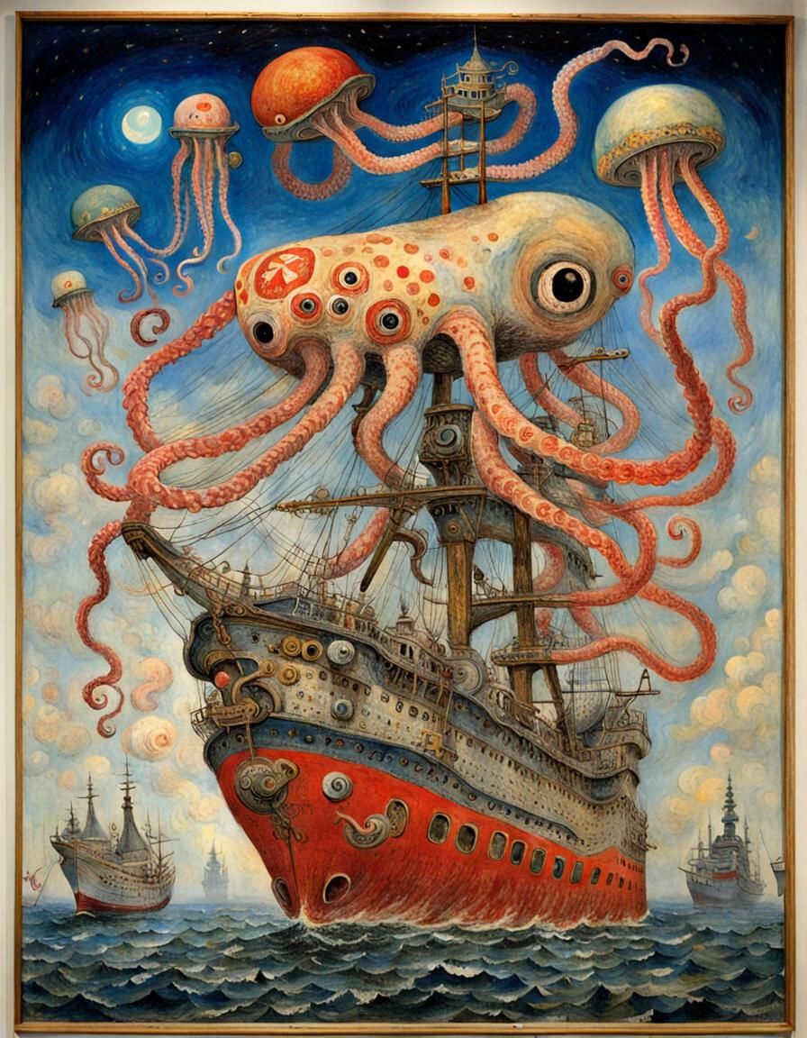 Giant Magic Squid in Expressionist Style