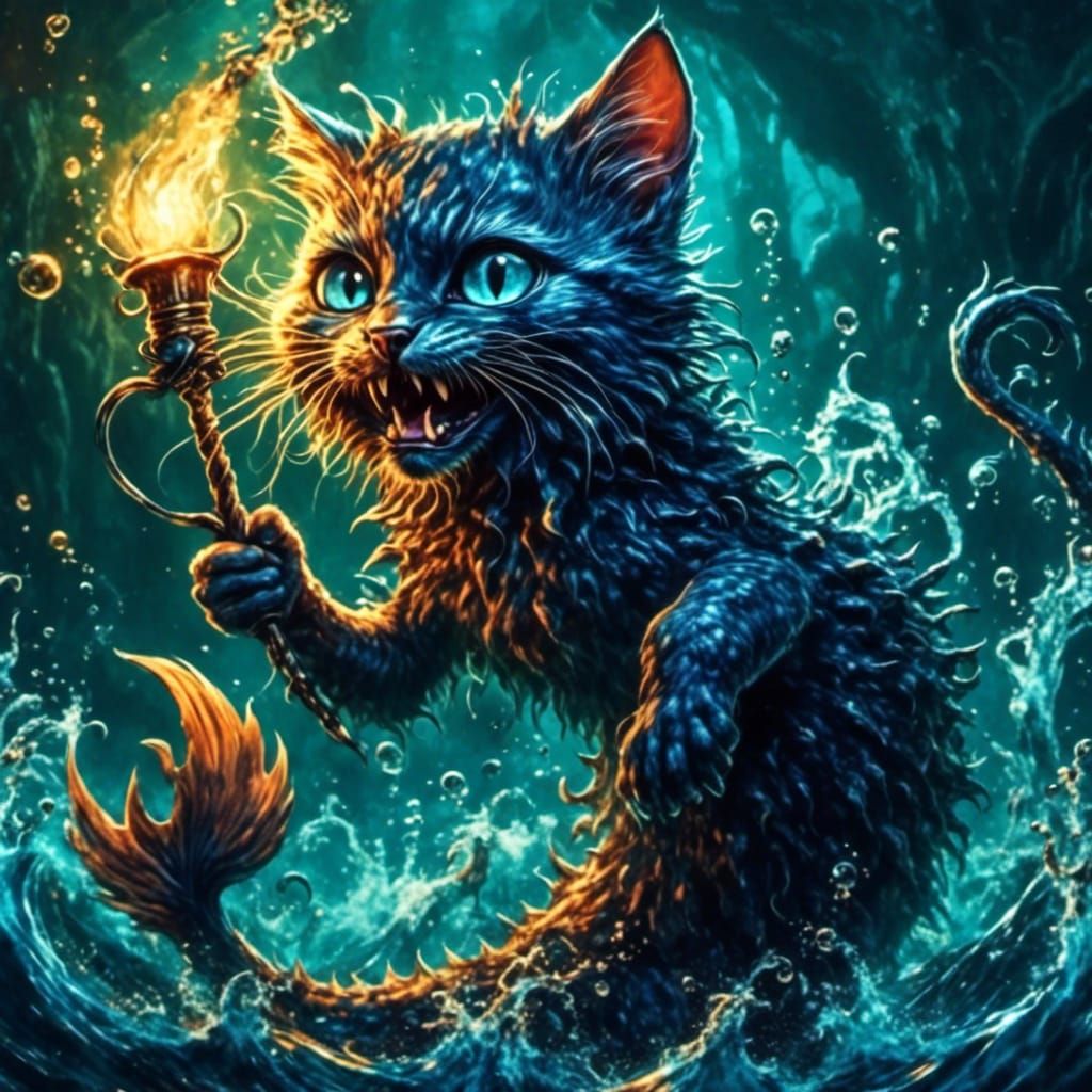Bioluminescent Kitten Mermaid Screaming Underwater