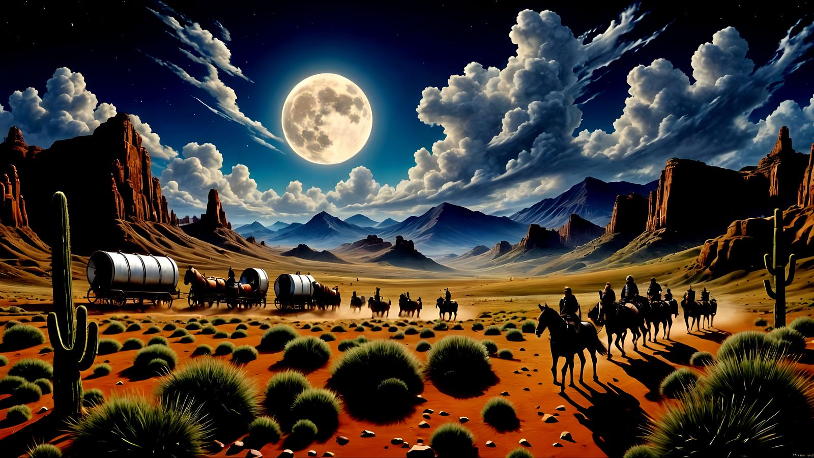 Panoramic American West Pioneer Landscape with Wagons and Ho...