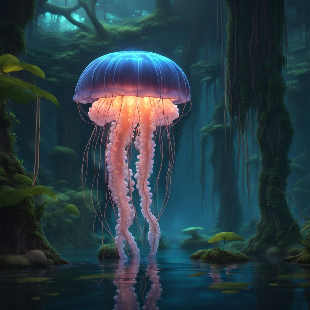 Glowing Jellyfish Illuminate a Jungle Lake
