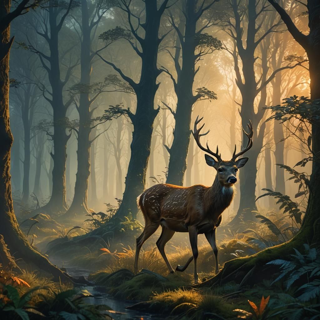 Deer in Mystical Forest: Fantasy Matte Painting