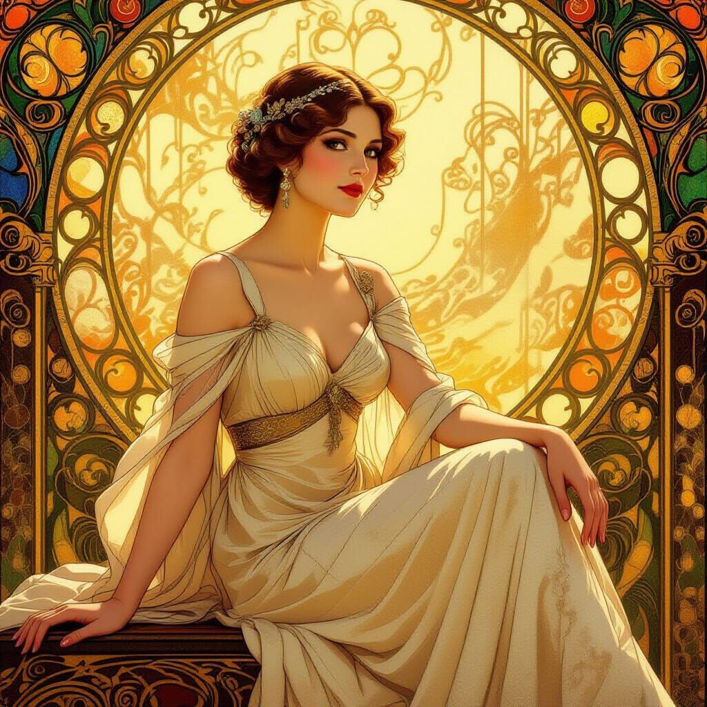 Elegant Woman in Golden Light, Art Nouveau Style