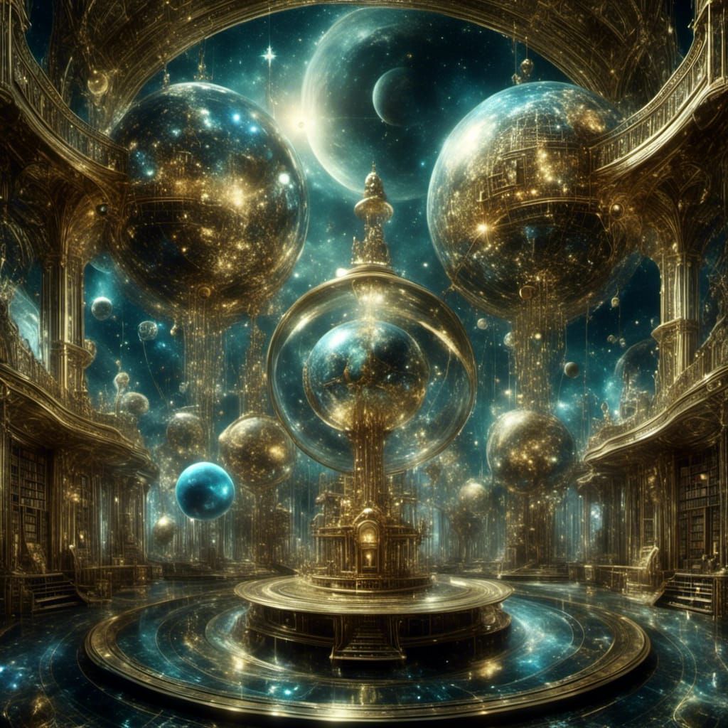 Surreal Cosmic Library in Futuristic Space