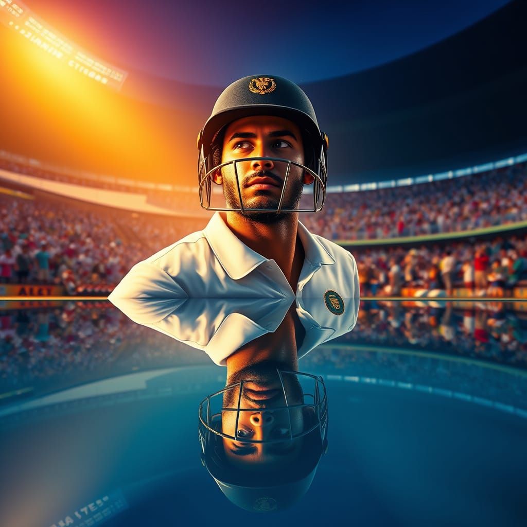 Cricket Player in Serene Stadium, Mirrored Reflection, Hyper...