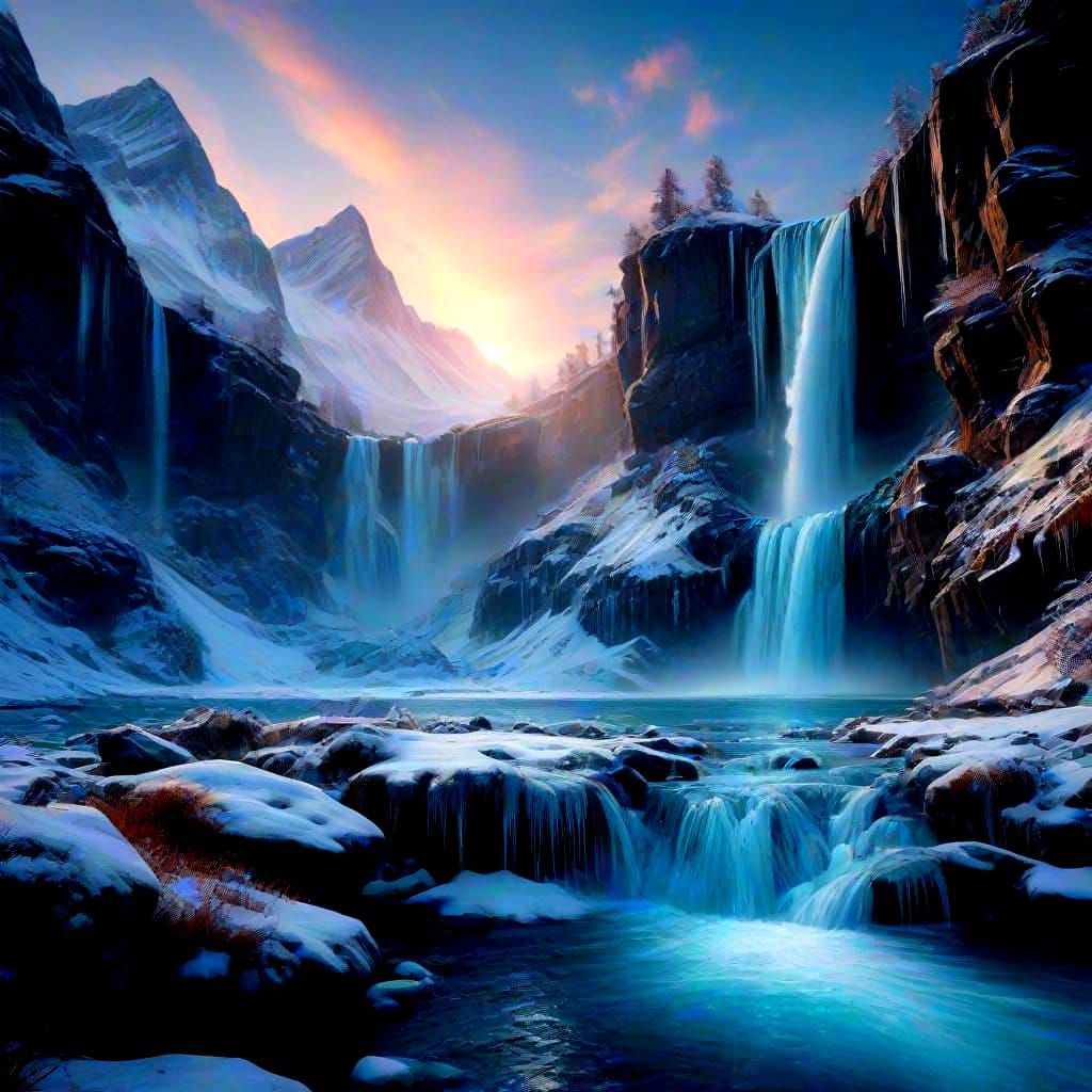 Waterfalls Flowing Over Blue Ice in Oil Painting Style