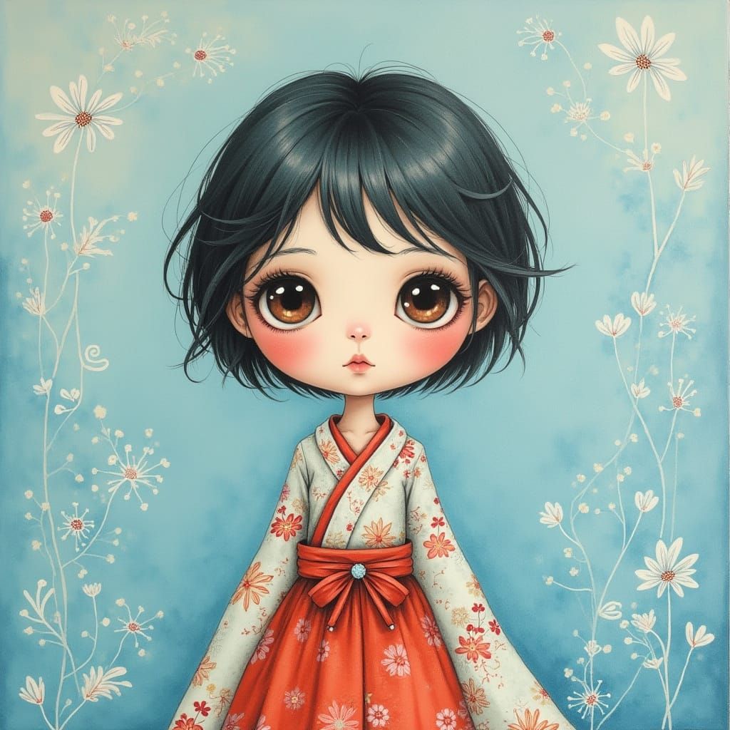 Whimsical Pobla Folk Art Doll Portrait