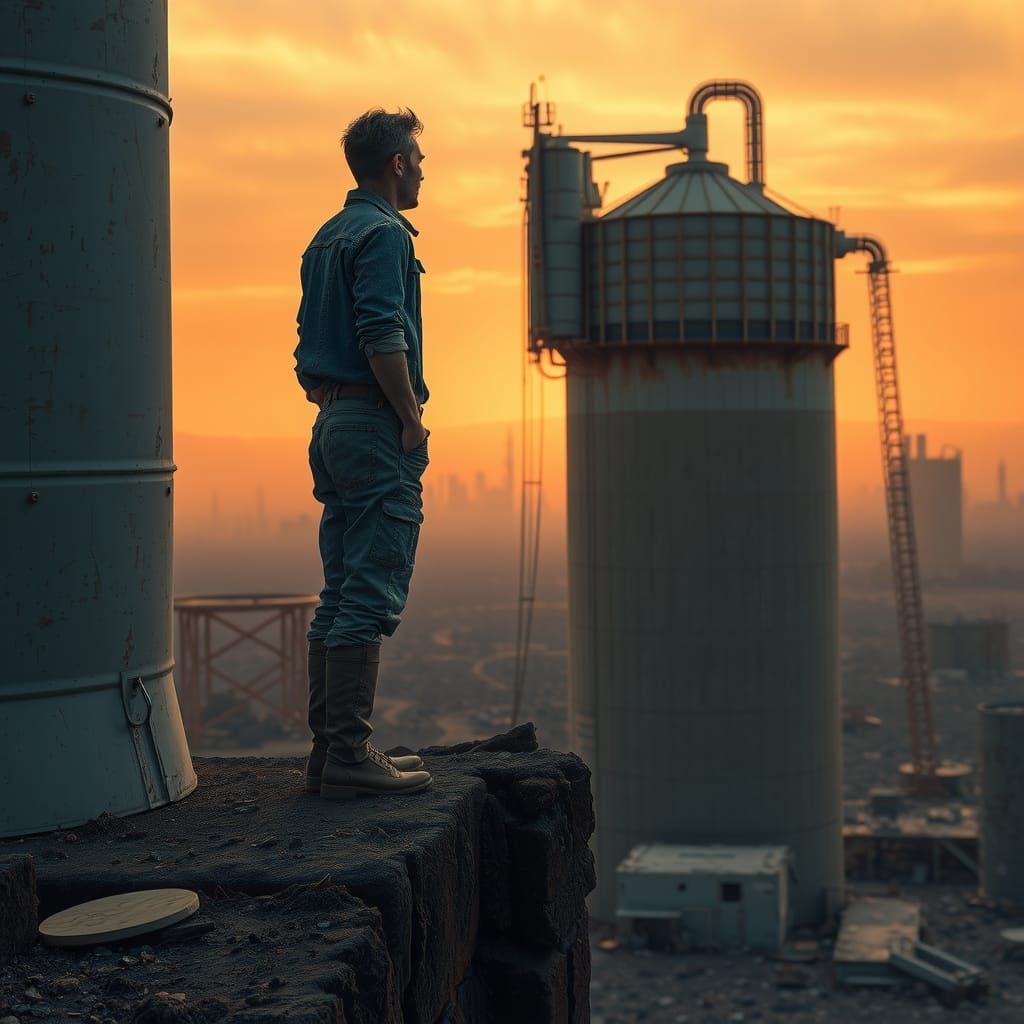 Post-Apocalyptic Figure at Silo, Dystopian Landscape
