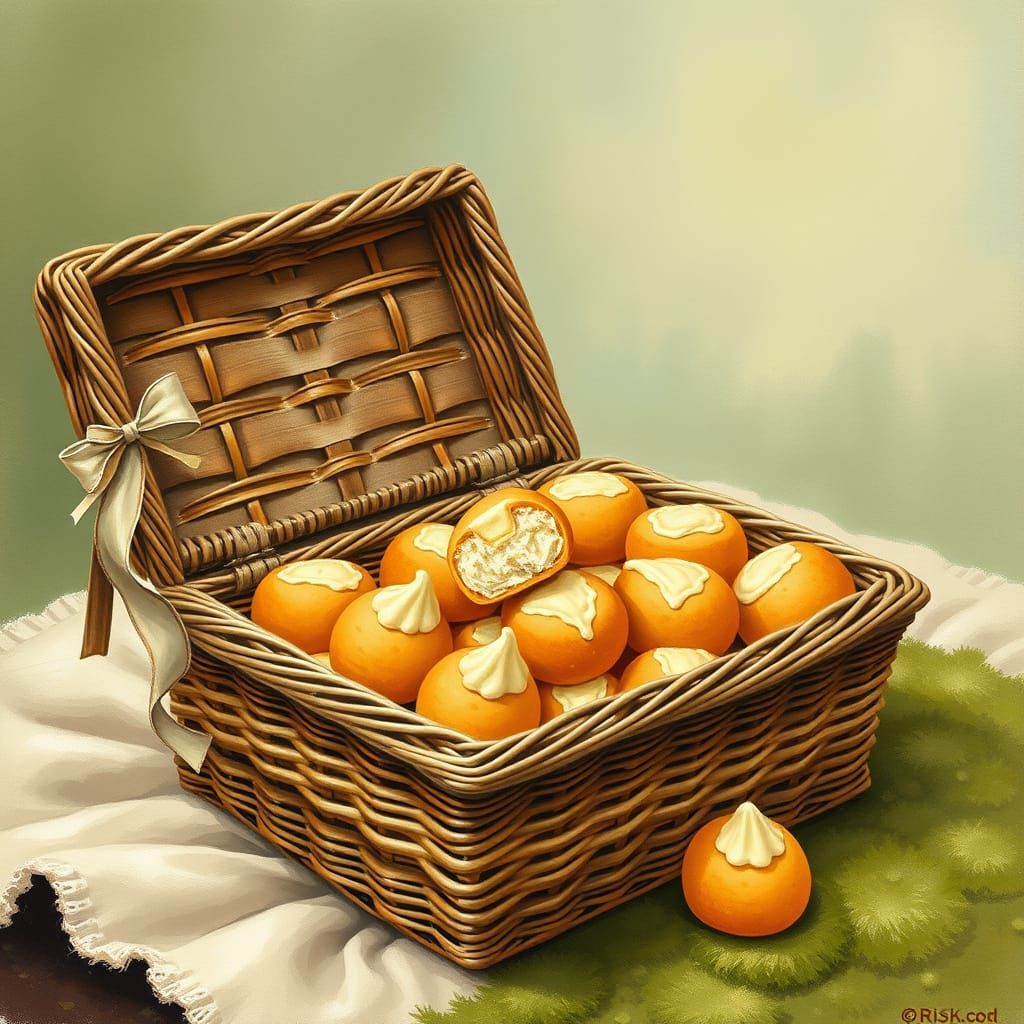 Vintage Wicker Picnic Basket Overflowing with Golden Twinkie...