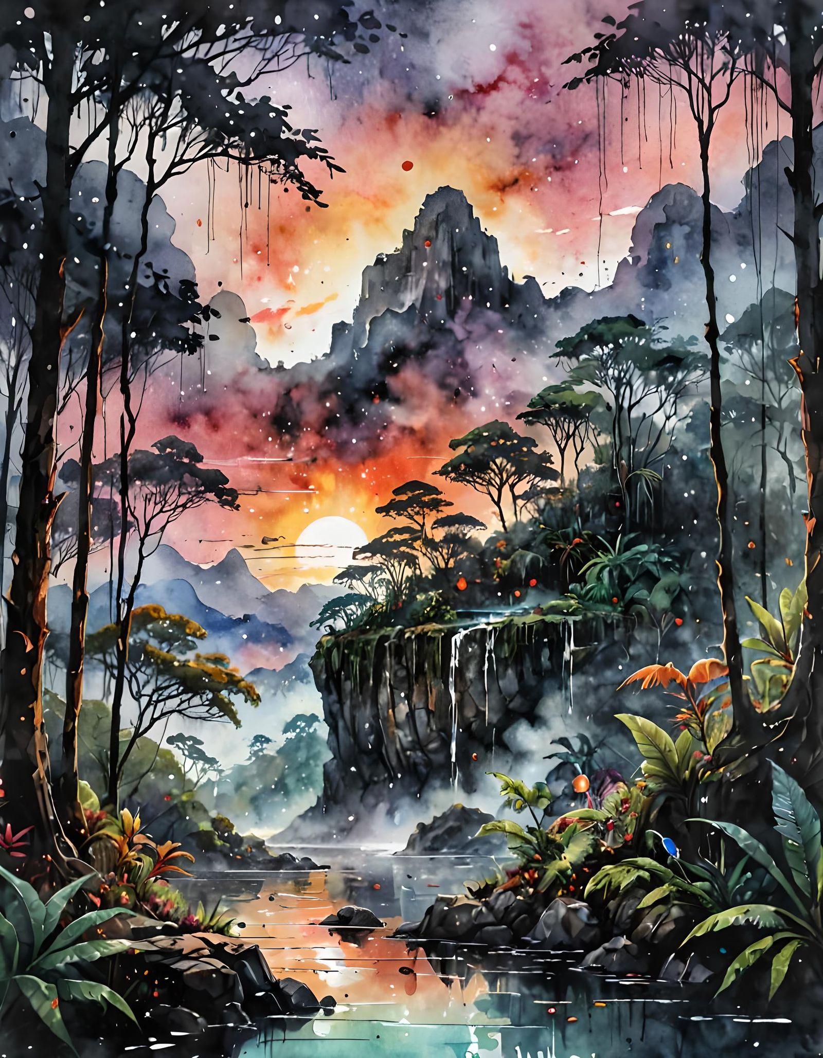 Epic Rainforest Landscape with Blood Moon