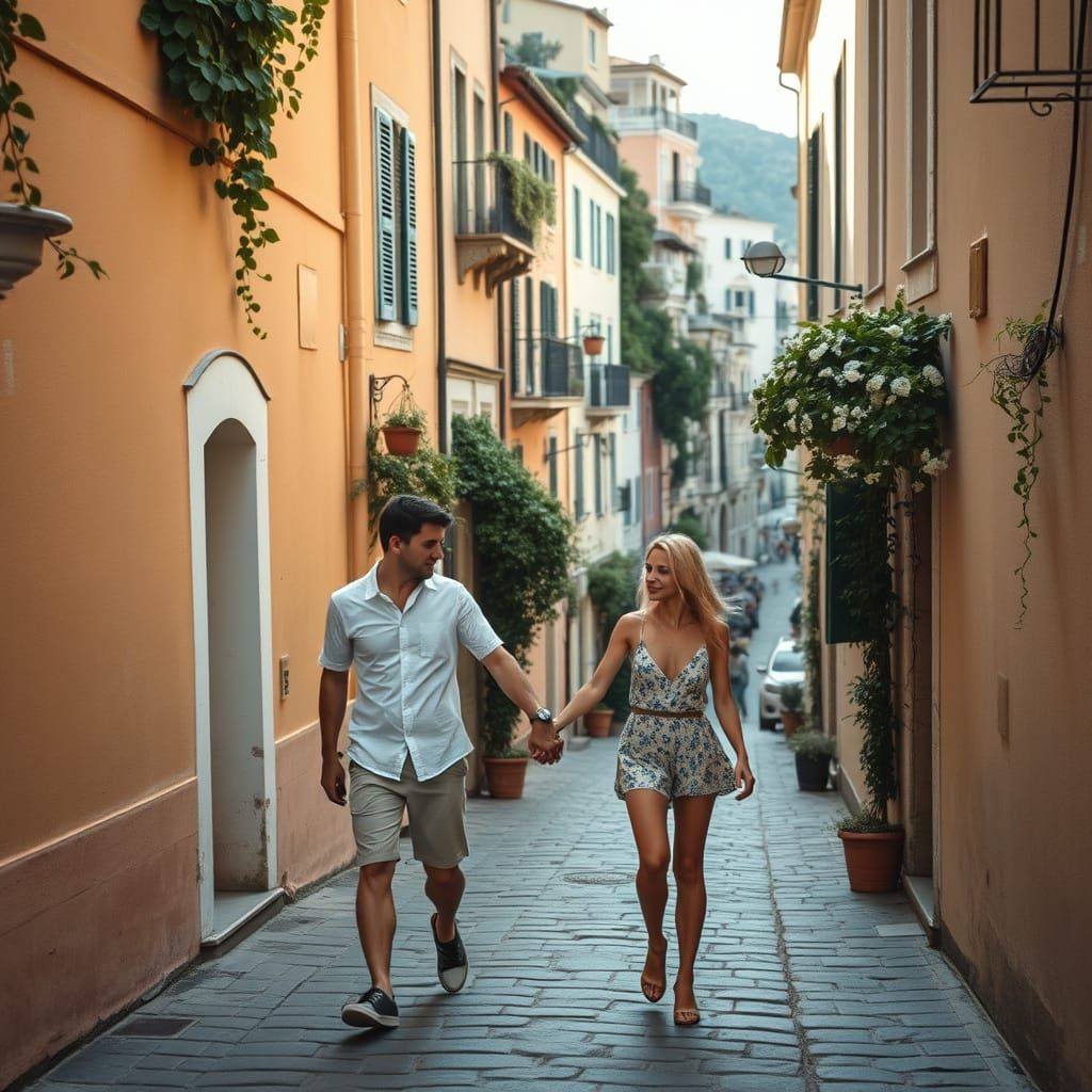 Couple in Amalfi: Dreamy Mediterranean Street Scene