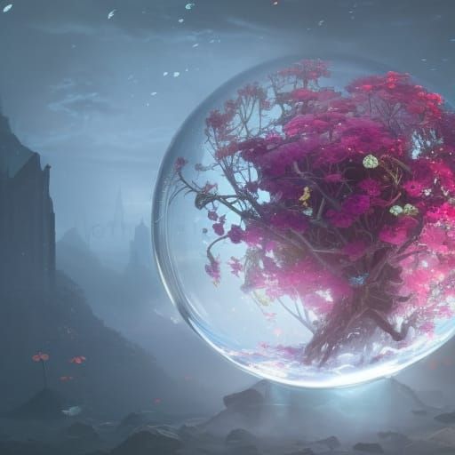 Glass Sphere with Flowers: Fantasy Art Masterpiece