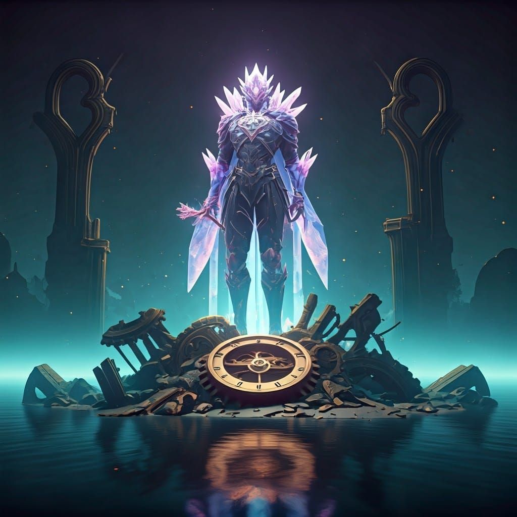 Crystalline Guardian on Clockwork Mechanism in Fantasy World