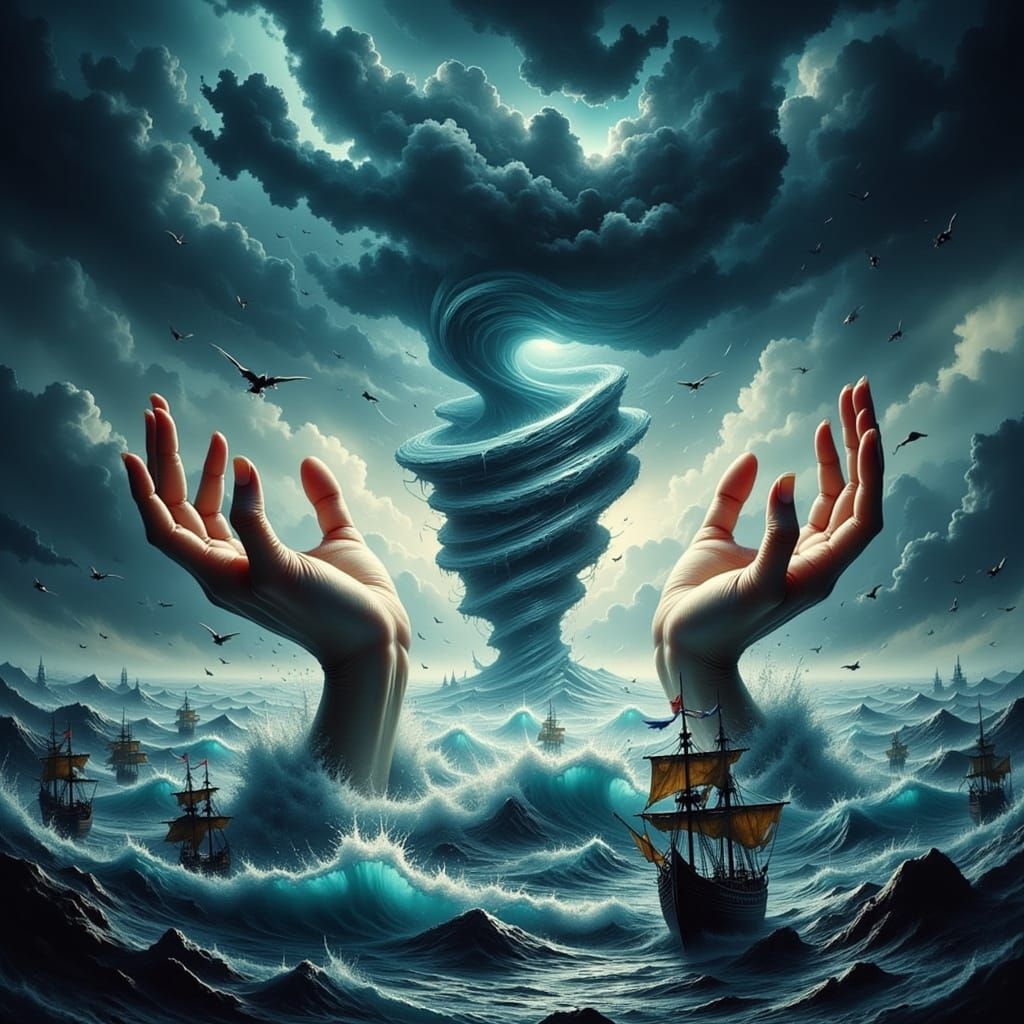 Hands Grip Tornado Above Crashing Wave