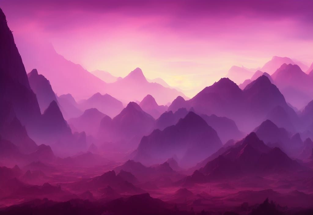 Purple Sunset Over Mountains: Detailed Matte Painting