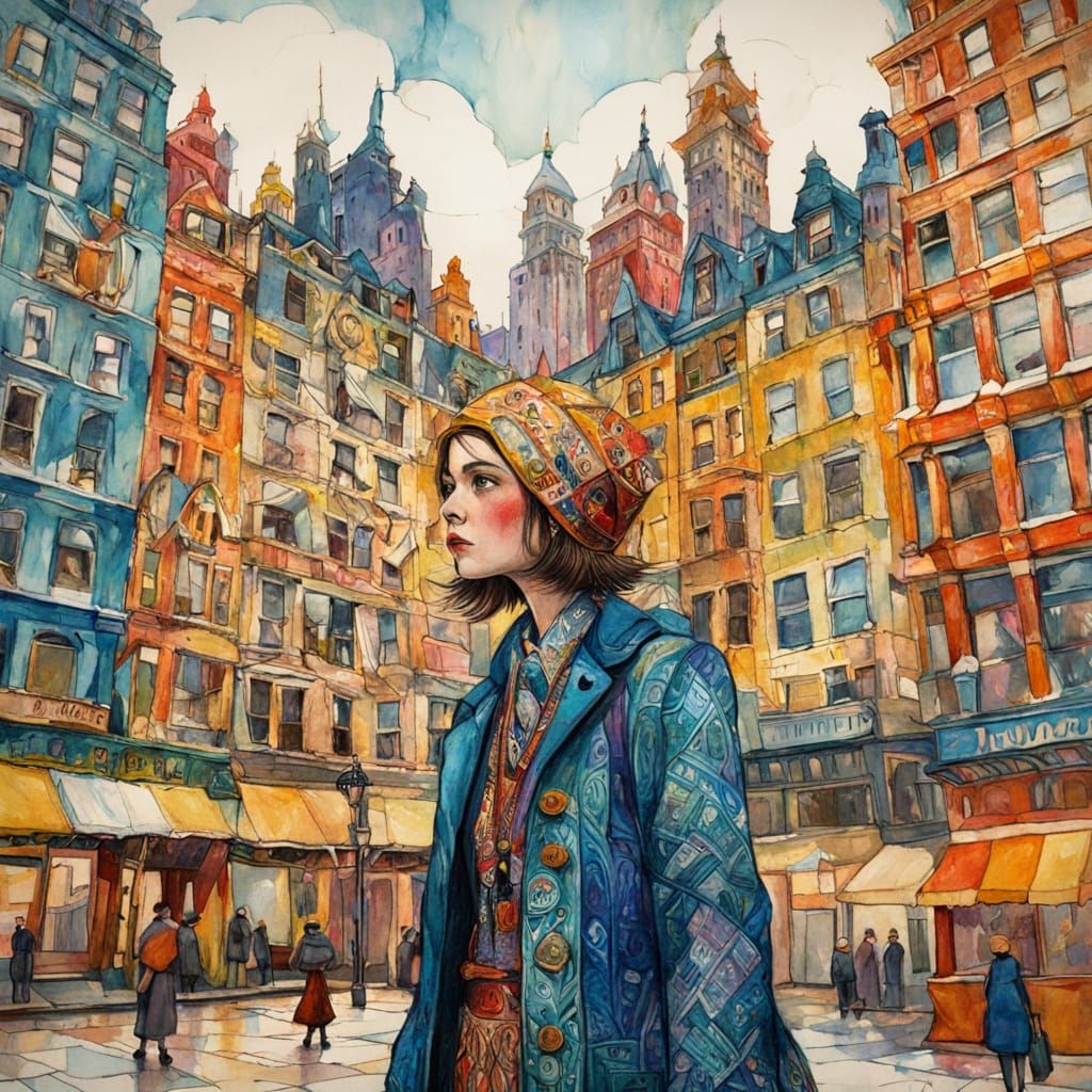 Woman in Art Deco Town Square, Gouache Style