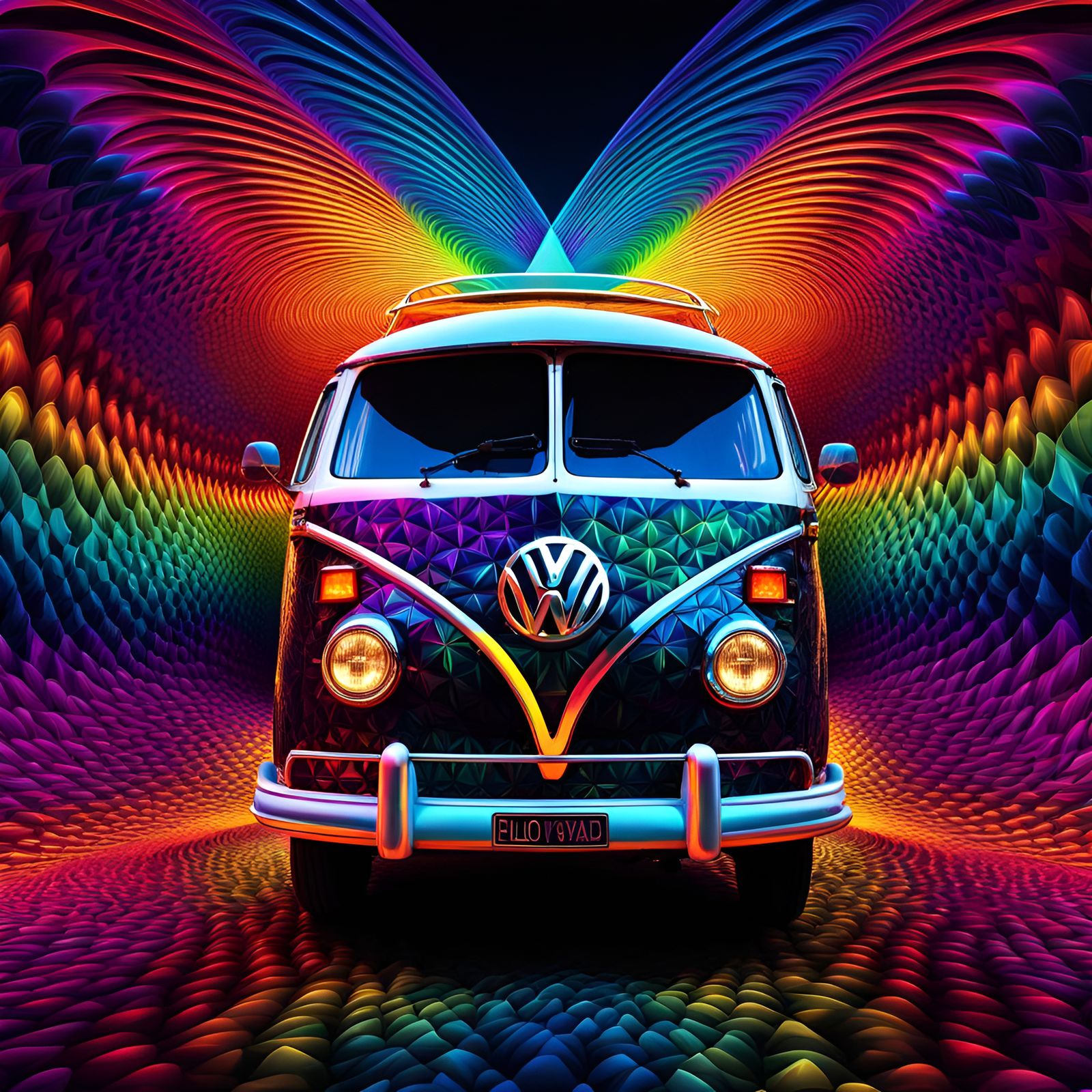 Kaleidoscopic VW Van in 3D with Abstract Background