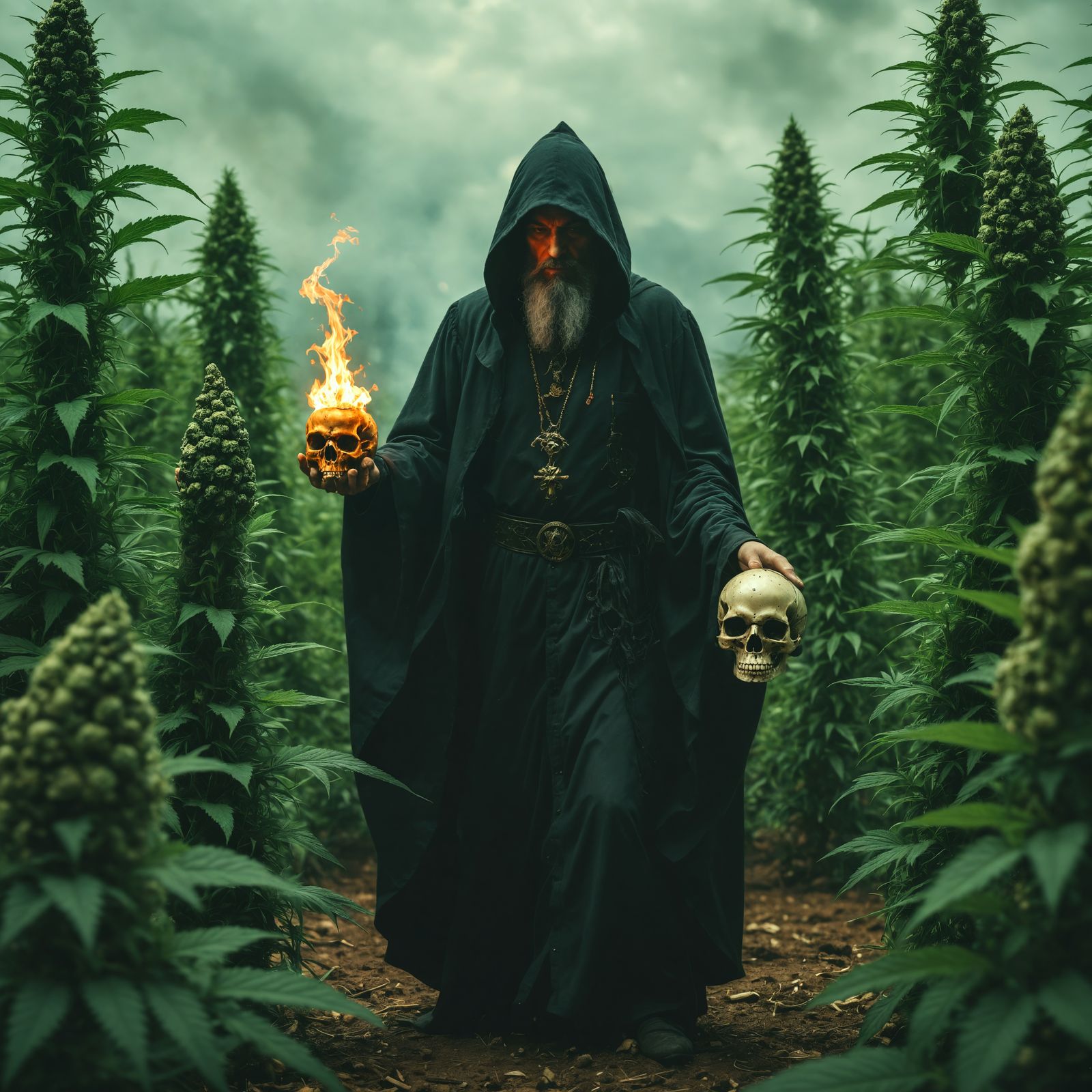 Mystical Wizard with Burning Skull and Marijuana