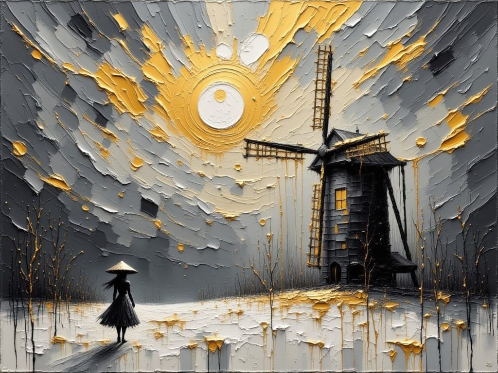 Surreal Impasto Windmill in Golden Storm
