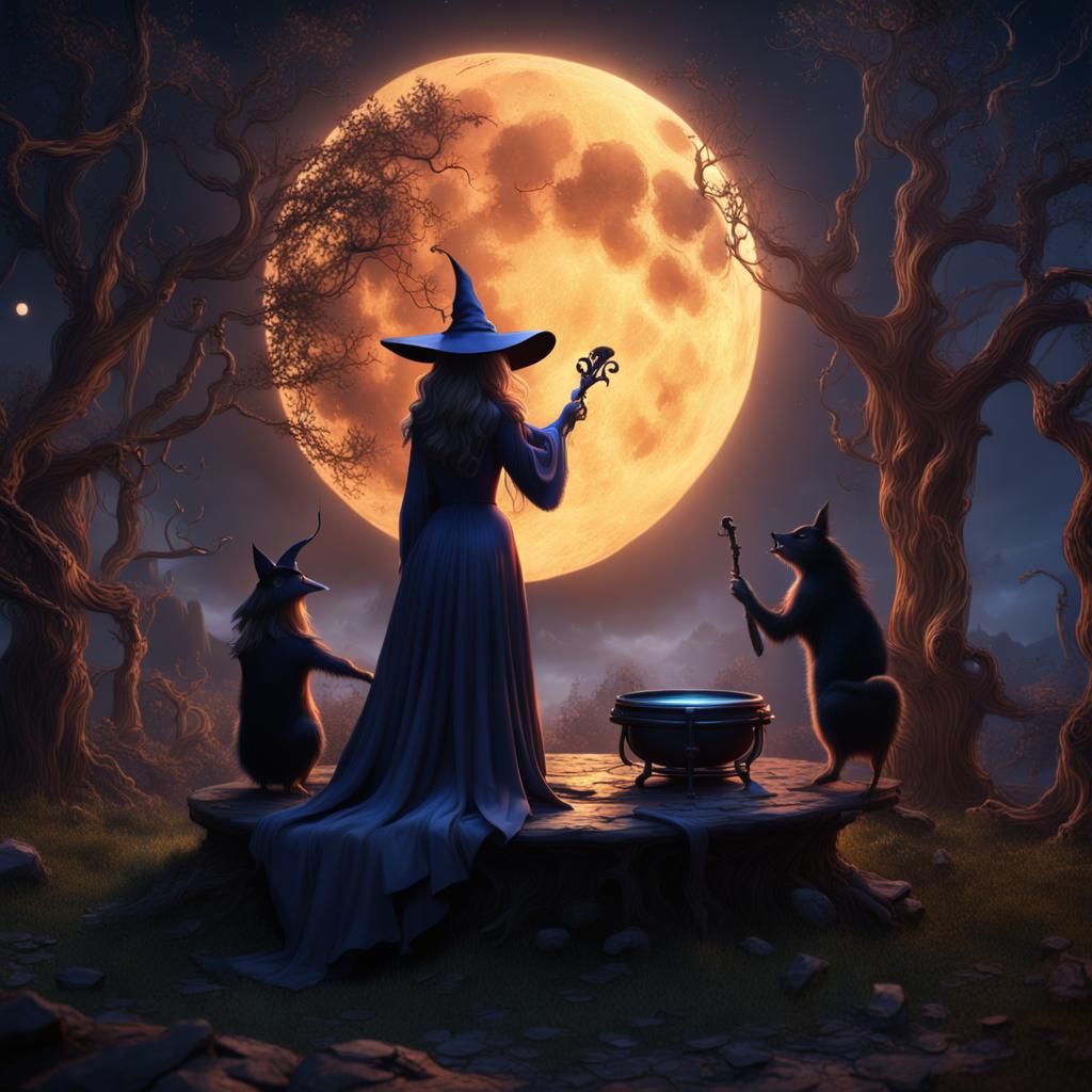 Witches' Moonlit Celebration in Fantasy Art Style