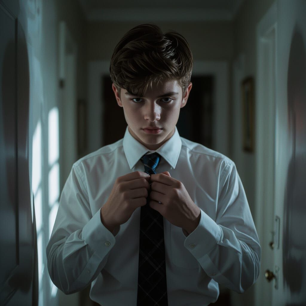 Teenage Boy Ties Windsor Knot in Cinematic Hallway