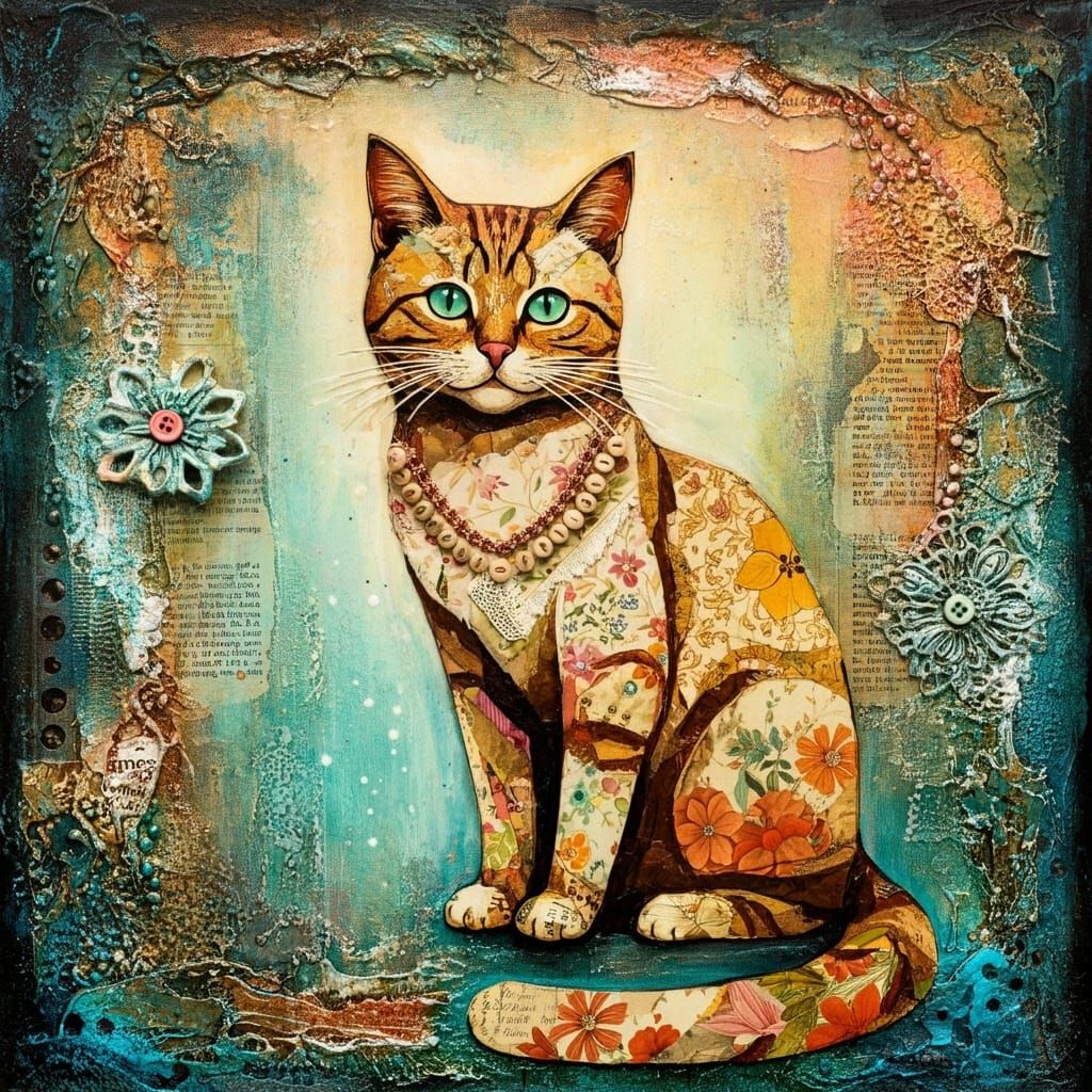 Whimsical Floral Cat Surrealism in Mixed Media Art