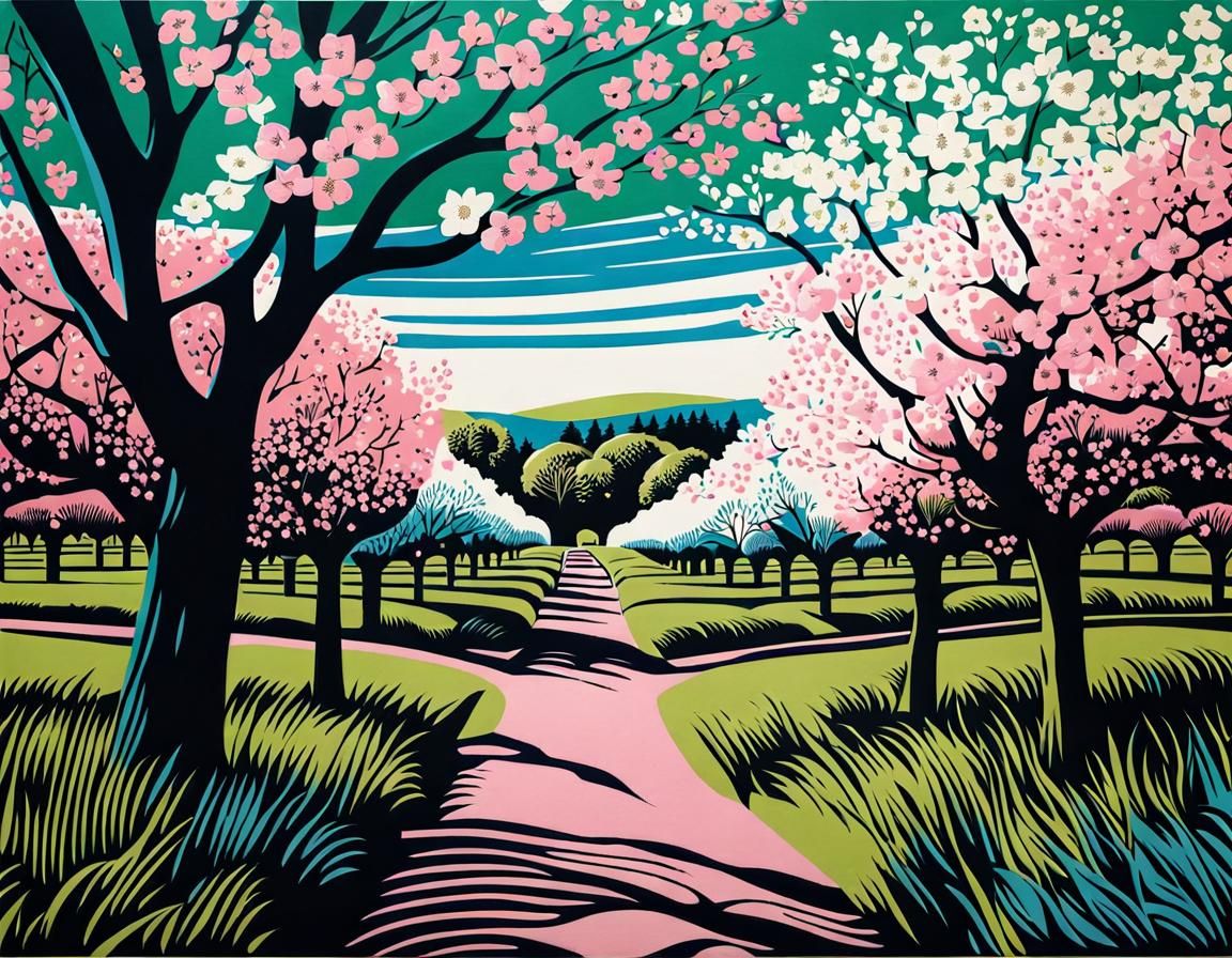 Apple Orchard Blossom: Linocut Style Print