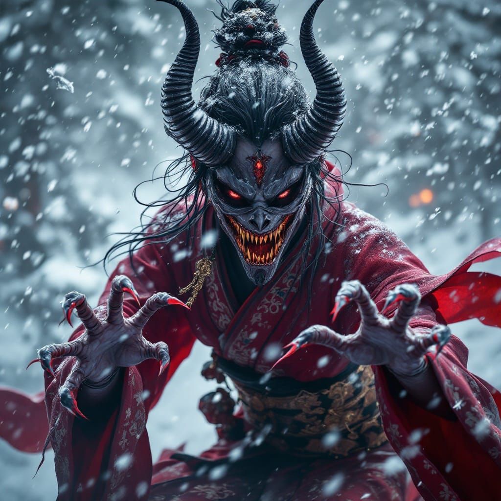 Elegant Demon Woman in Snowstorm: Fantasy Art
