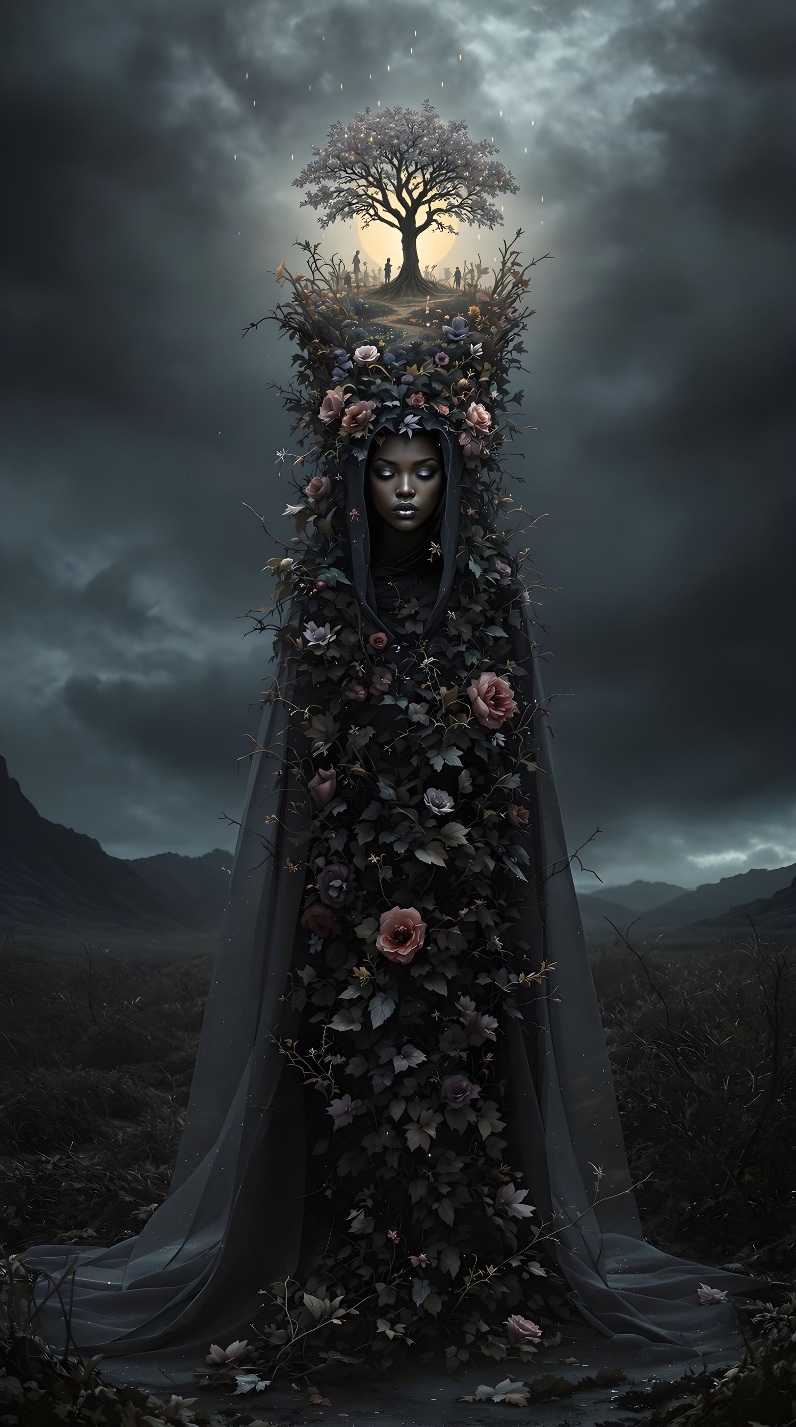 Regal Black Woman in Turbulent Landscape with Miniature Gard...