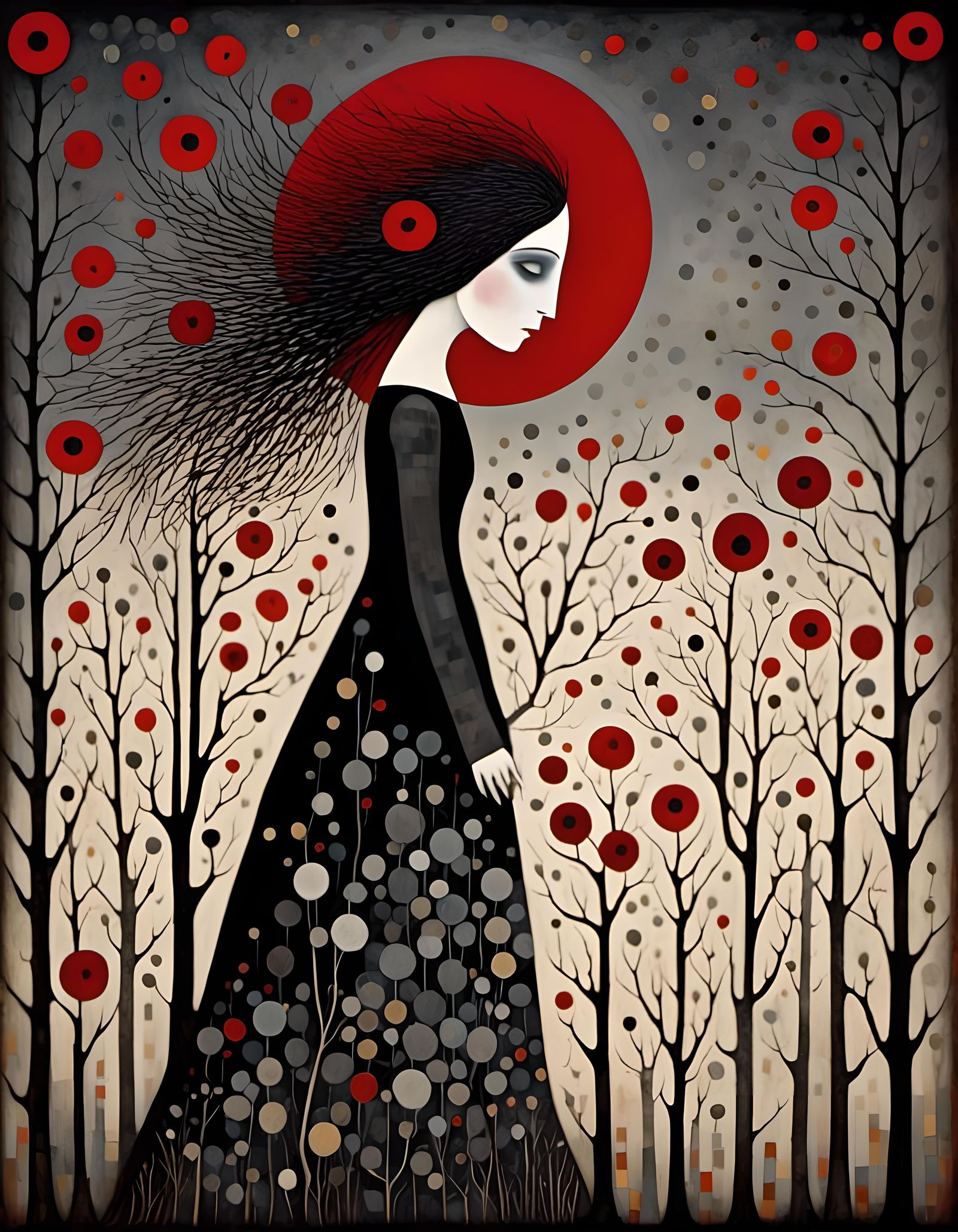 Gothic Pagan Woman in Black, White and Red