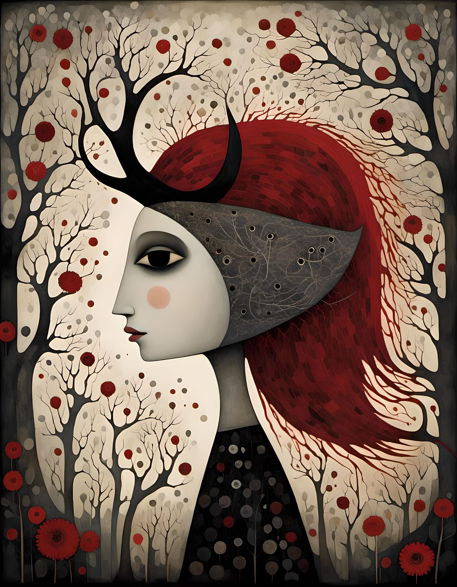 Gothic Pagan Woman in Black and White with Red