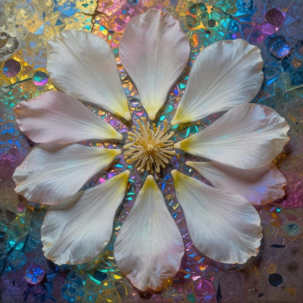 Individual flower petals arranged  as art against  rainbow metallic micro textures calcopyrite