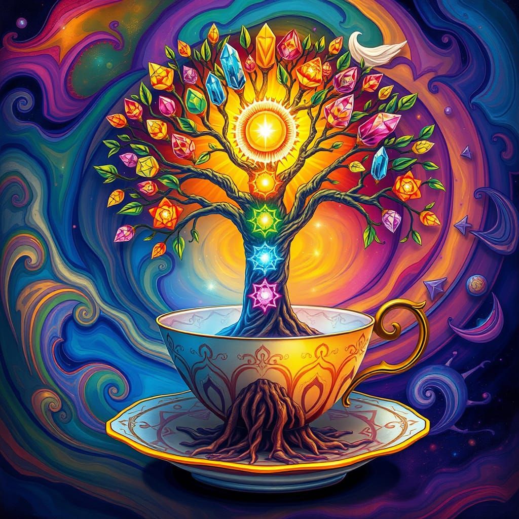 Psychedelic Tree of Life in Teacup with Chakra Crystals