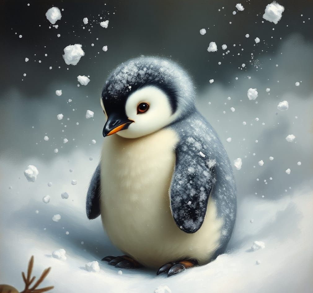 Baby Penguin in Blizzard, Old Master Oil Painting