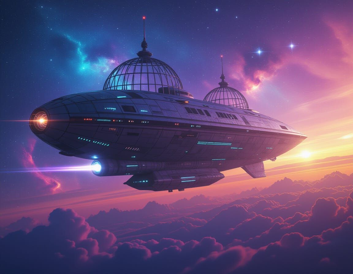 Teslapunk Synthwave Birdcage Spaceship in Cosmic Nebula