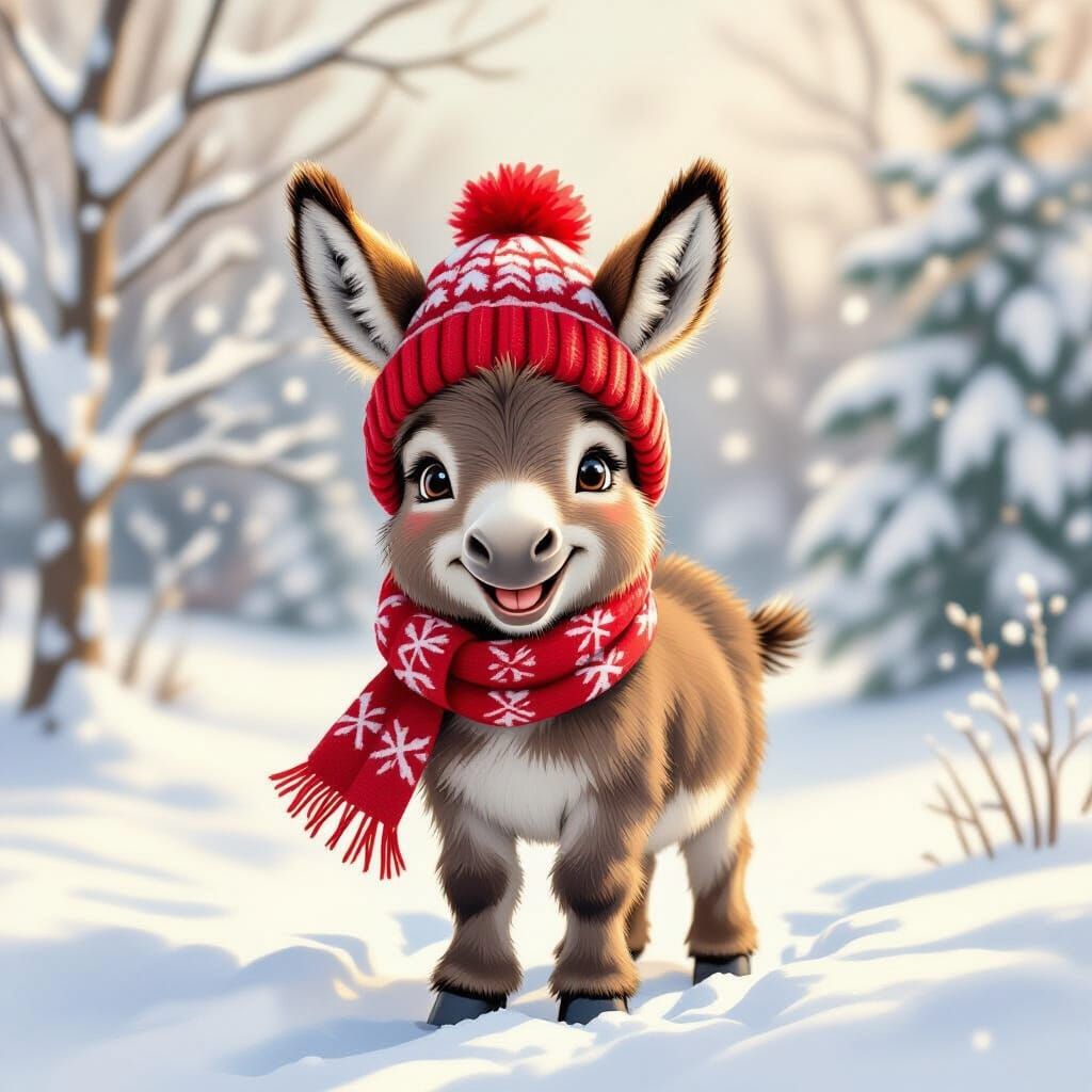 Happy Donkey in Winter Wonderland