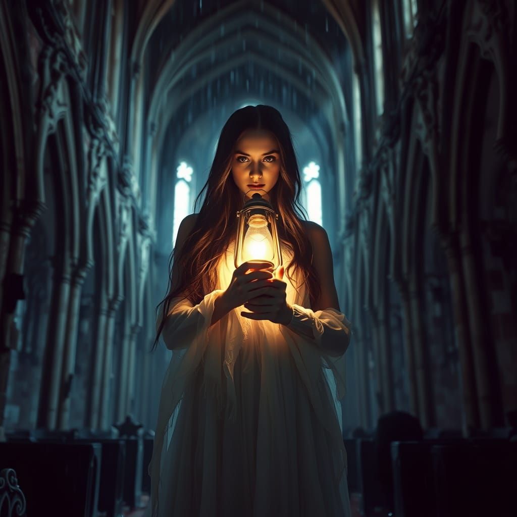 Mysterious Woman in Gothic Cathedral Shadows