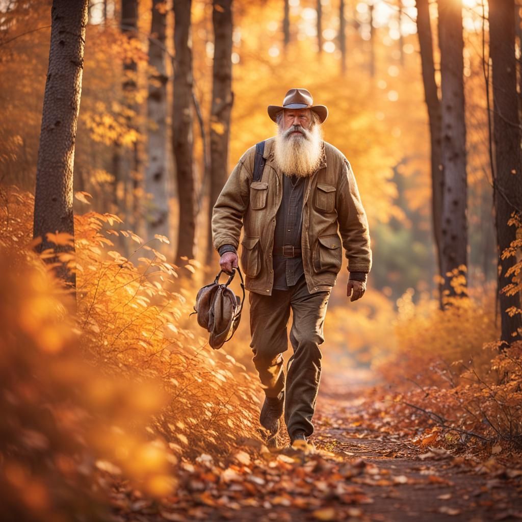 Hyperrealistic Old Trapper in Autumn Wilderness