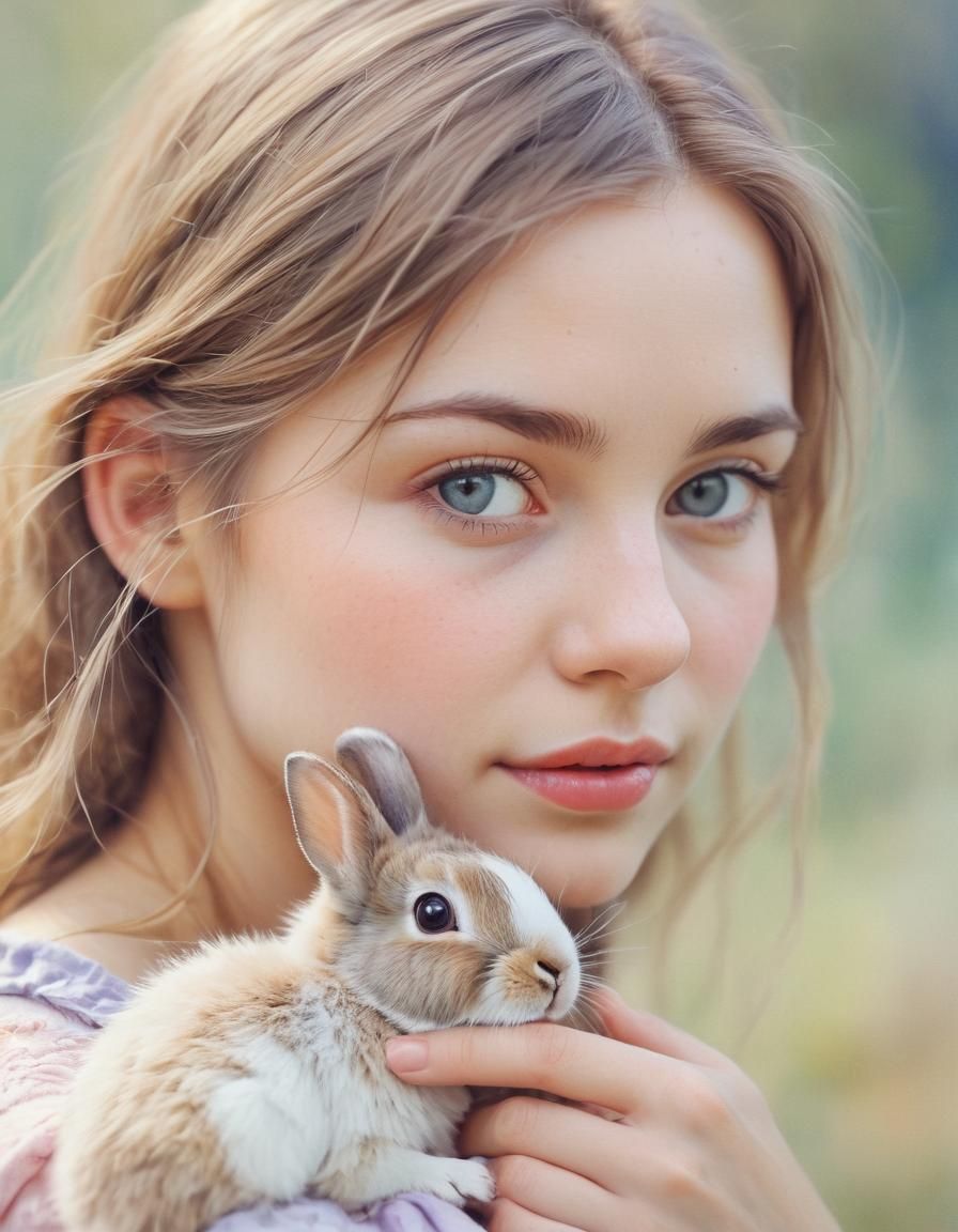 Watercolor Portrait of Girl with Rabbit in Pastel Shades