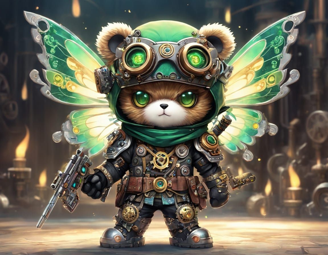 Steampunk Chibi Ninja Teddy Bear with Butterfly Wings