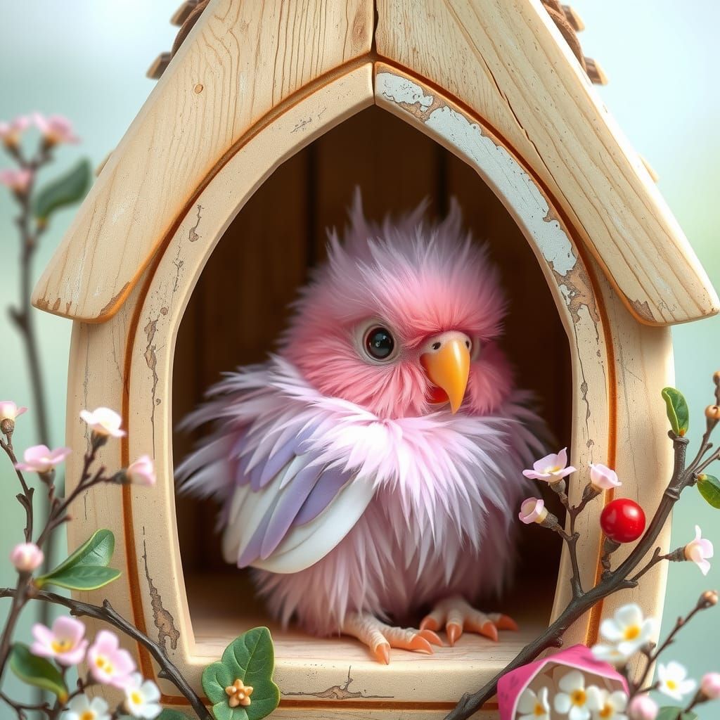 Pastel Parrot in Whimsical Birdhouse