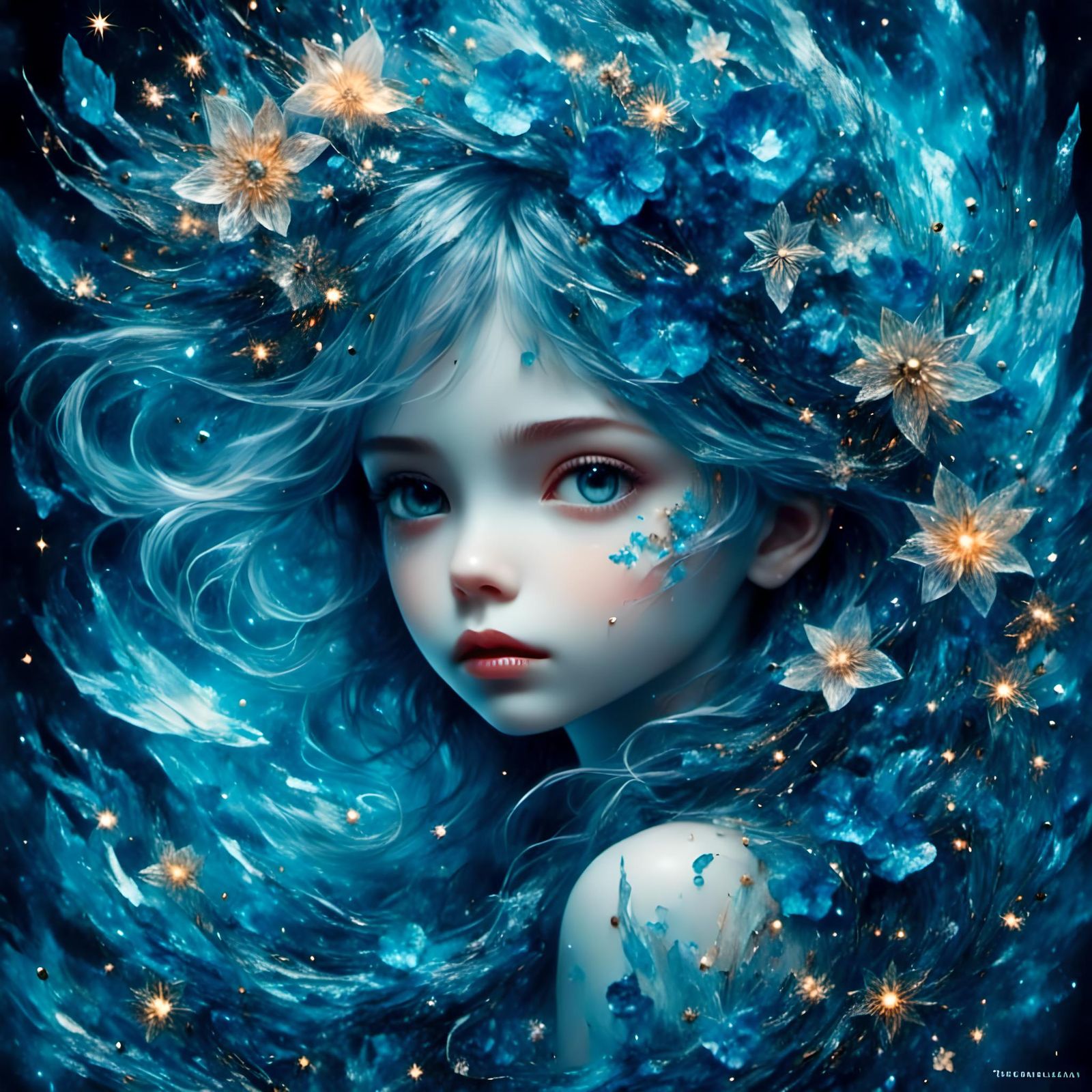 Girl's Portrait with Blue Smoke and Sapphire Mosaic