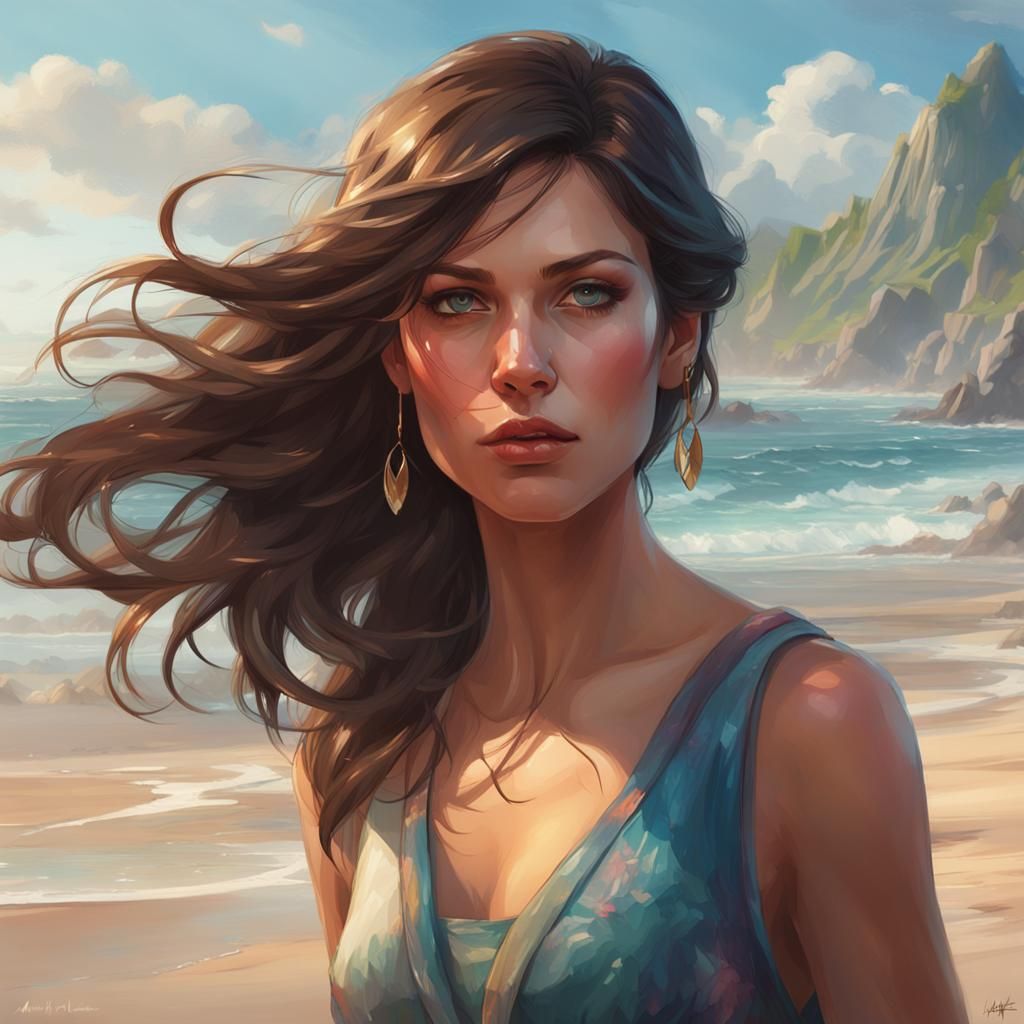 Brunette on Beach: Art Nouveau Concept Portrait
