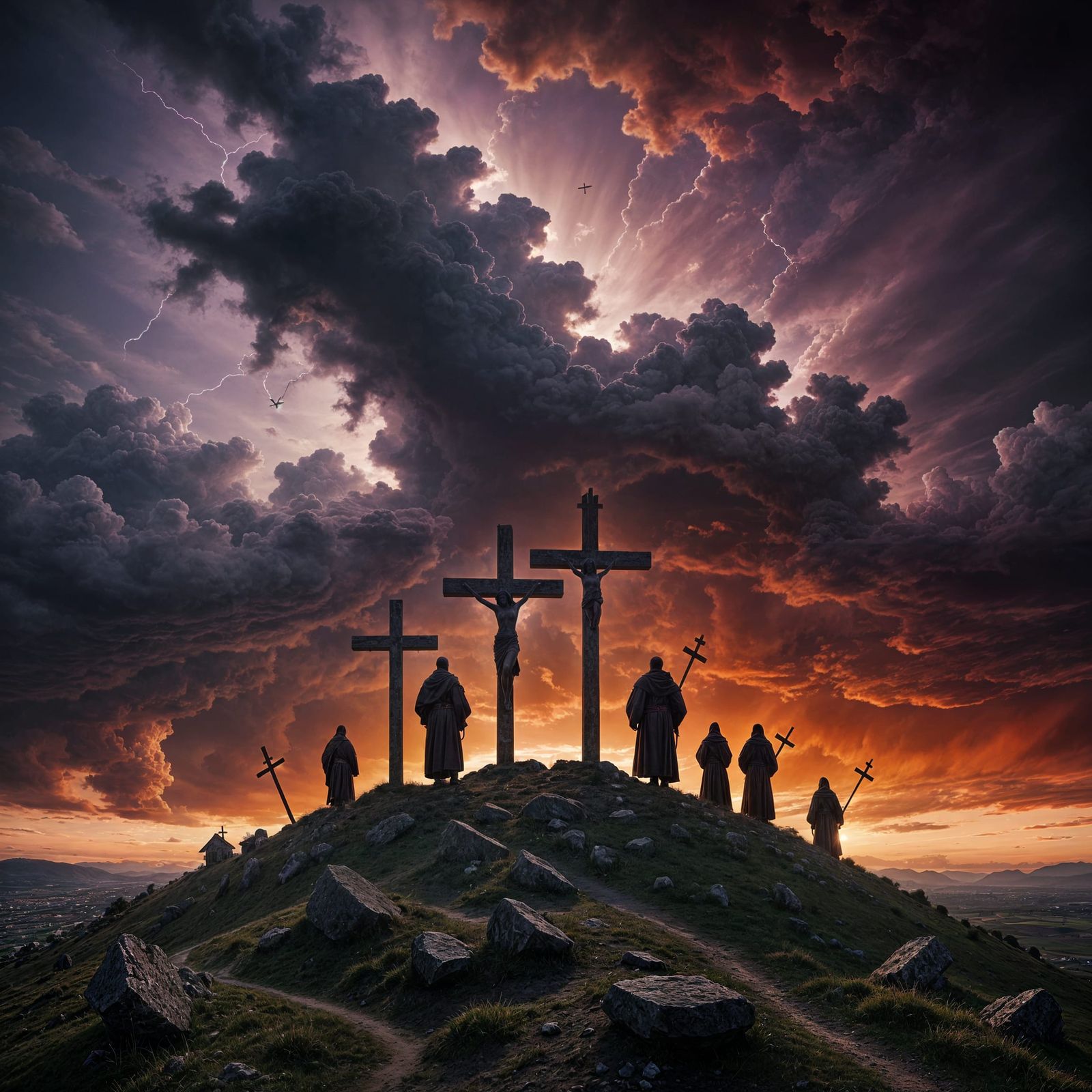 Three Crosses on Calvary Understormy Skies in Realistic Styl...